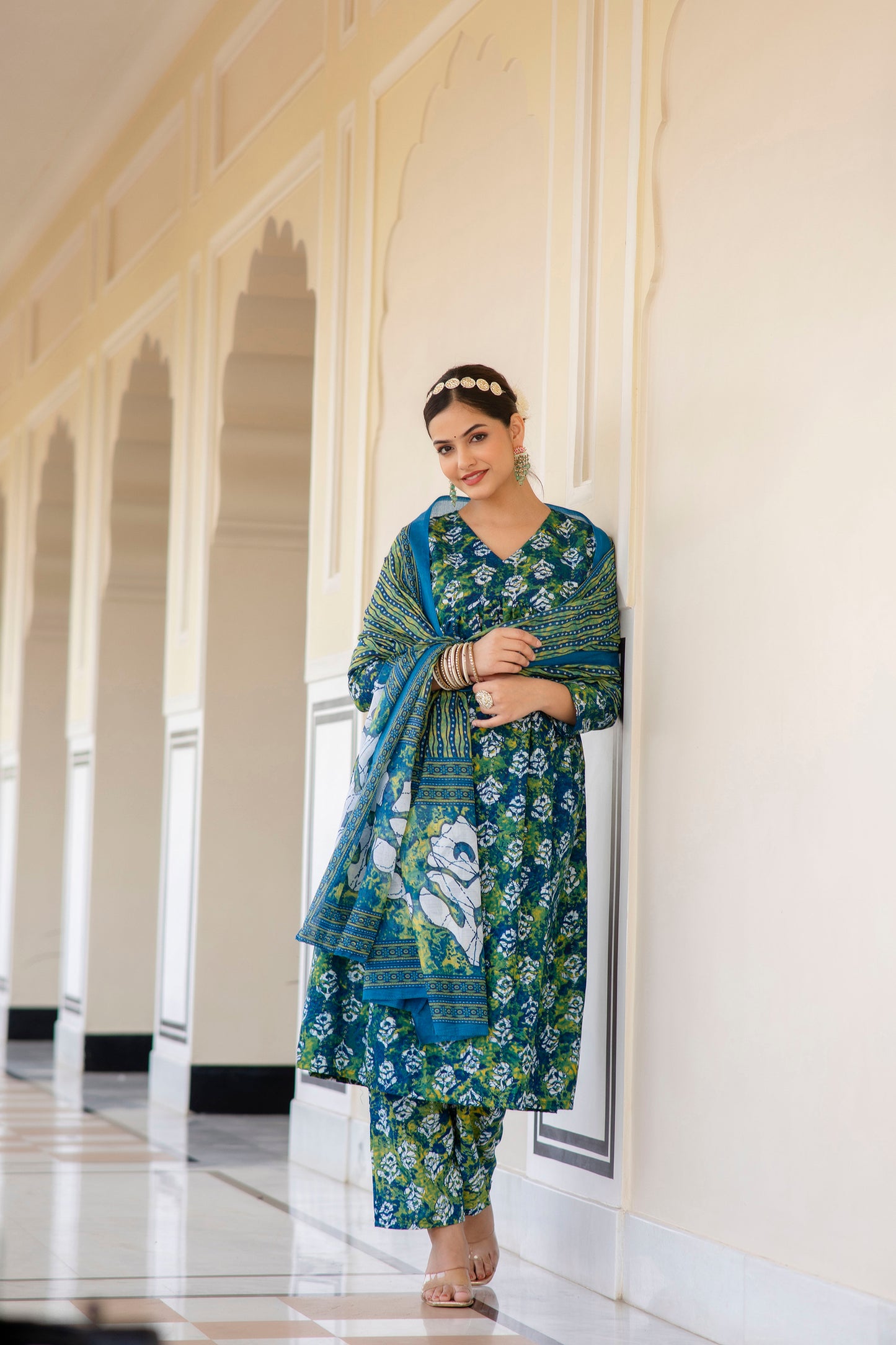 Women Printed Flared Anarkali Kurta and Pant Set with Dupatta