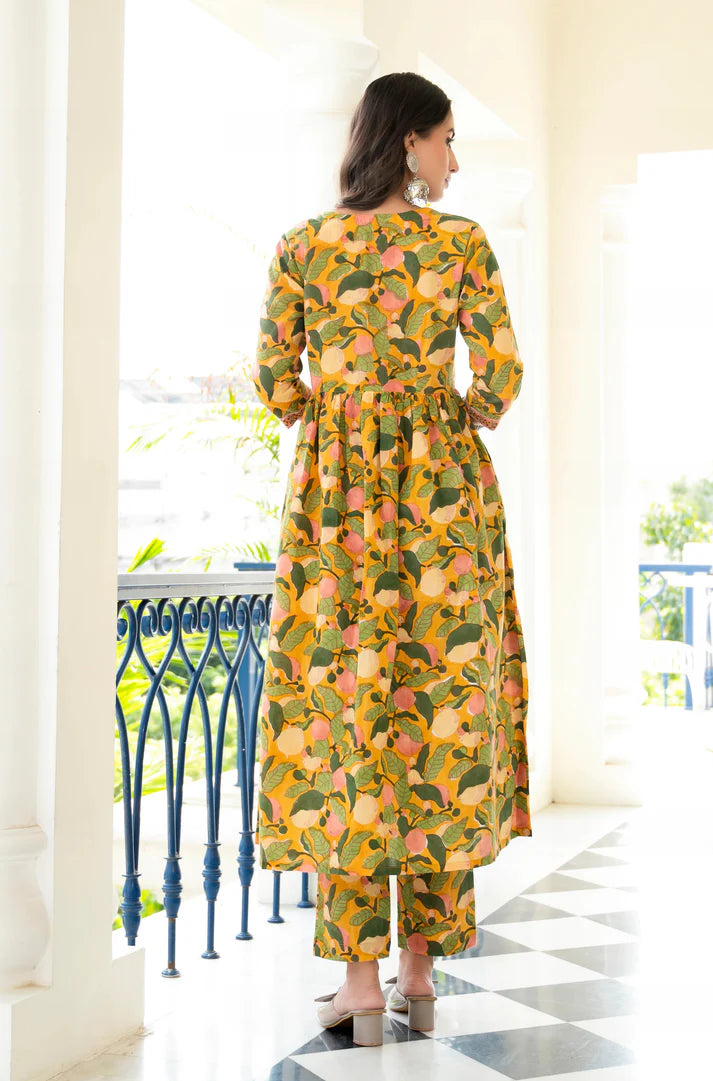 Yellow And Green Floral Anarkali Set