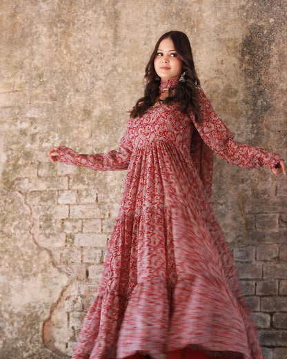 Maroon Anarkali Kurta & Pant With Dupatta Set