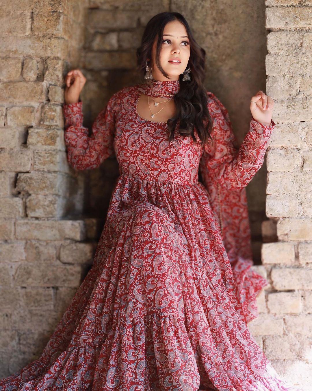 Maroon Anarkali Kurta & Pant With Dupatta Set