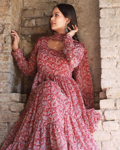 Maroon Anarkali Kurta & Pant With Dupatta Set