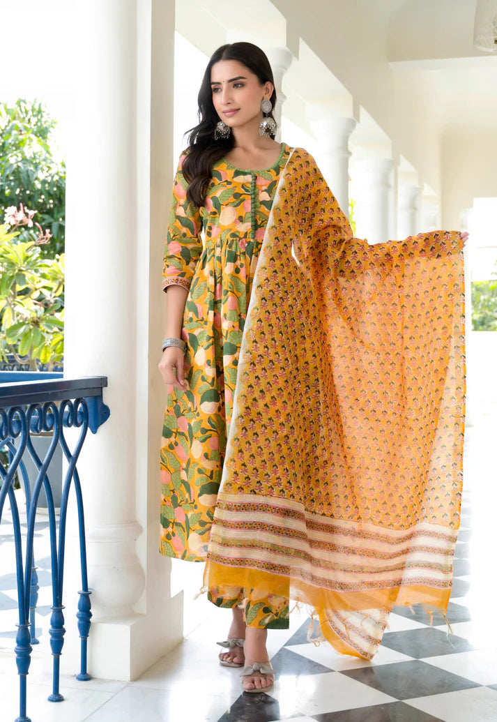 Yellow And Green Floral Anarkali Set