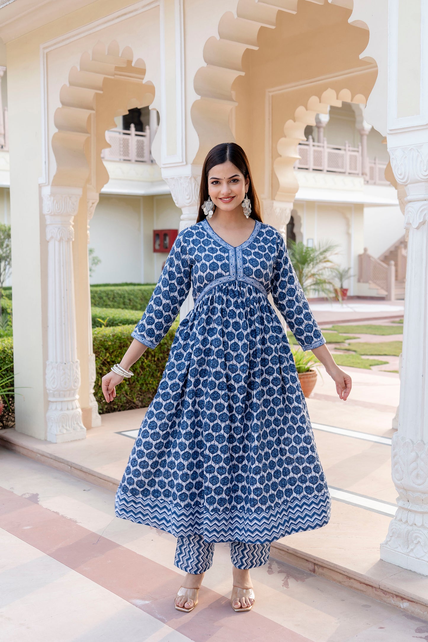 Blue Border Anarkali Kurta Pant with Dupatta