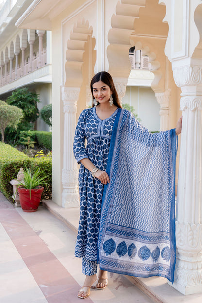 Blue Border Anarkali Kurta Pant with Dupatta