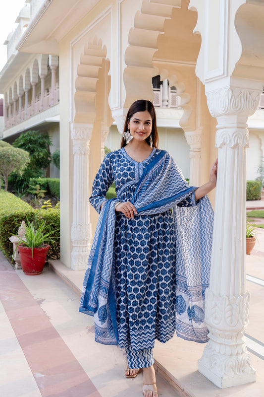 Blue Border Anarkali Kurta Pant with Dupatta