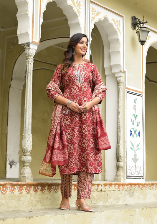 Women Embroidery Printed Straight Kurta and Pant set with Dupatta