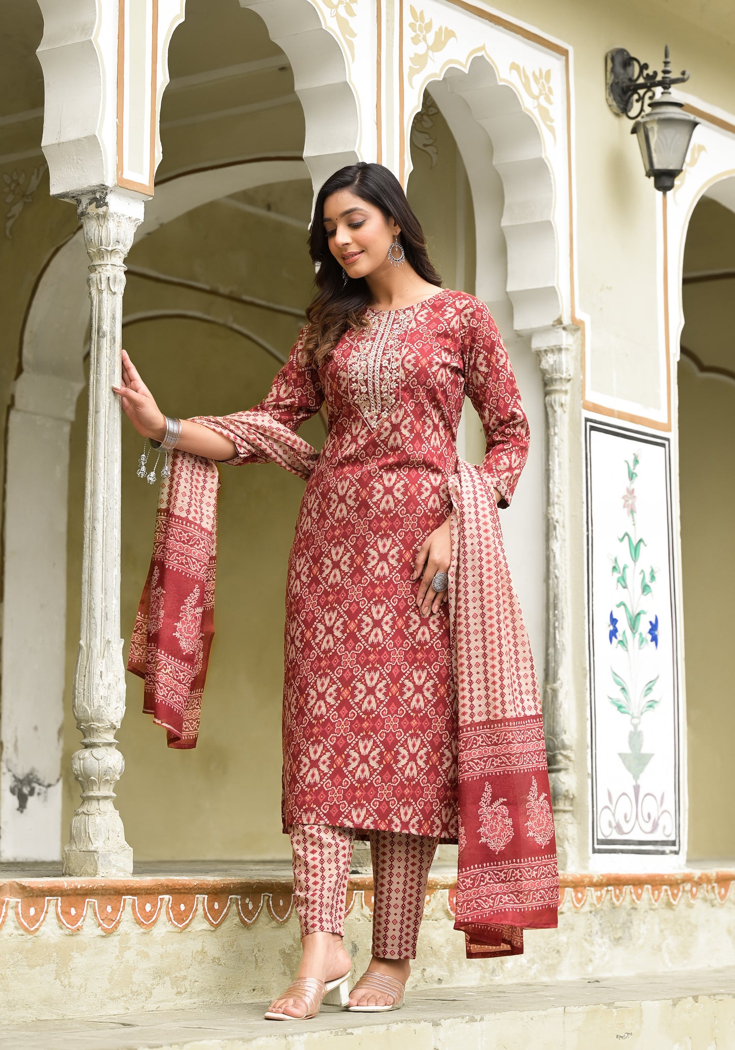 Women Embroidery Printed Straight Kurta and Pant set with Dupatta