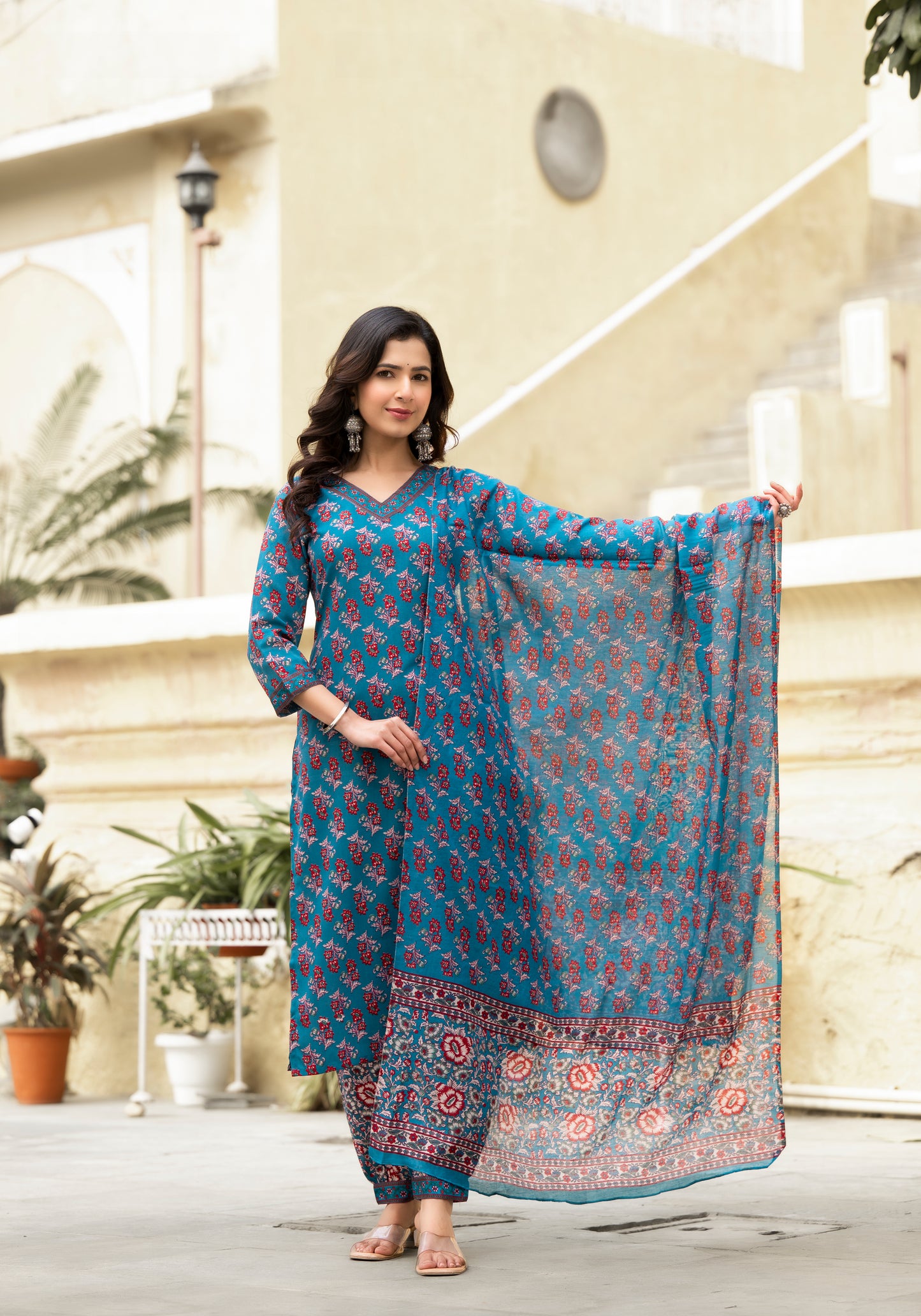 Women Floral Printed Straight Kurta And Afghani Pant Set With Dupatta