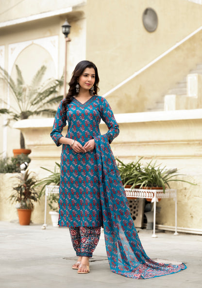 Women Floral Printed Straight Kurta And Afghani Pant Set With Dupatta