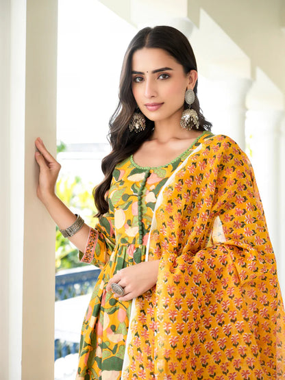 Yellow And Green Floral Anarkali Set