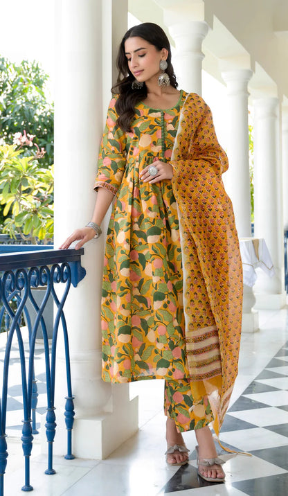 Yellow And Green Floral Anarkali Set