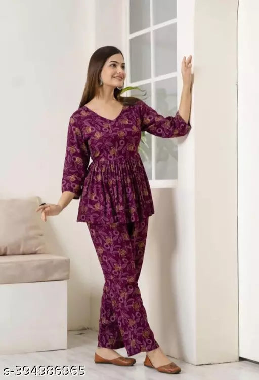 Comfy Graceful Wine Premium Rayon Women Printed Elegant Top Coord Set